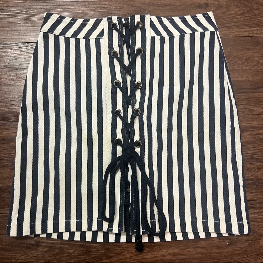 ASOS Vertical Stripe Navy and White Lace Up Skirt with functional back Zipper